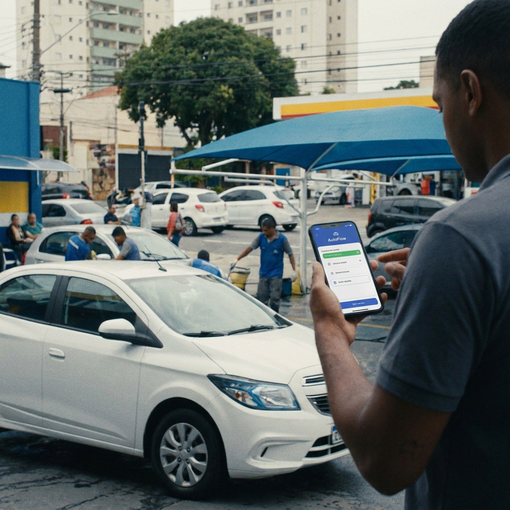 Funcionário usando o AutoFlow ABS no celular durante a chegada de um carro ao lava-rápido
