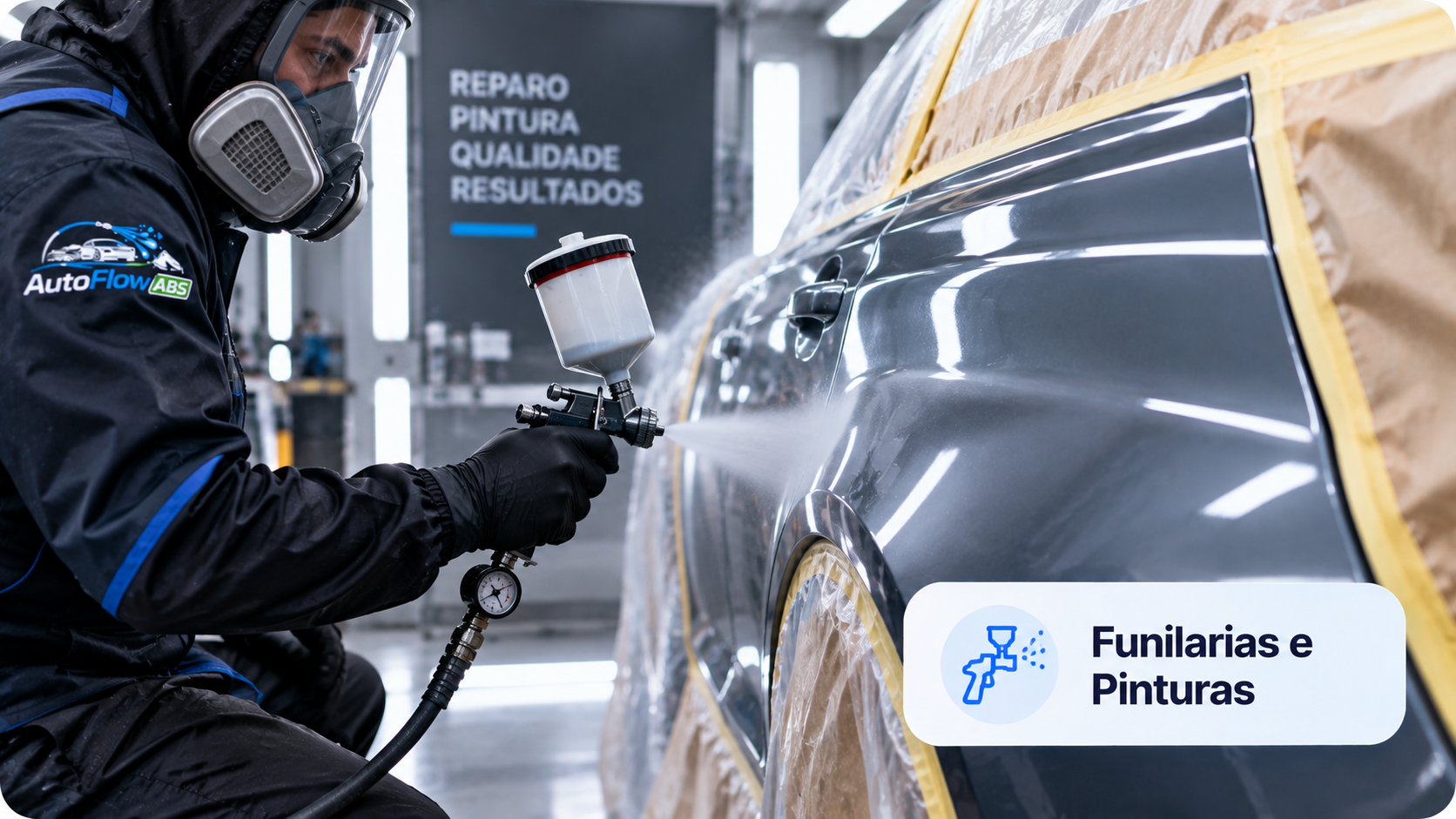 Profissional aplicando pintura automotiva em uma peça preparada