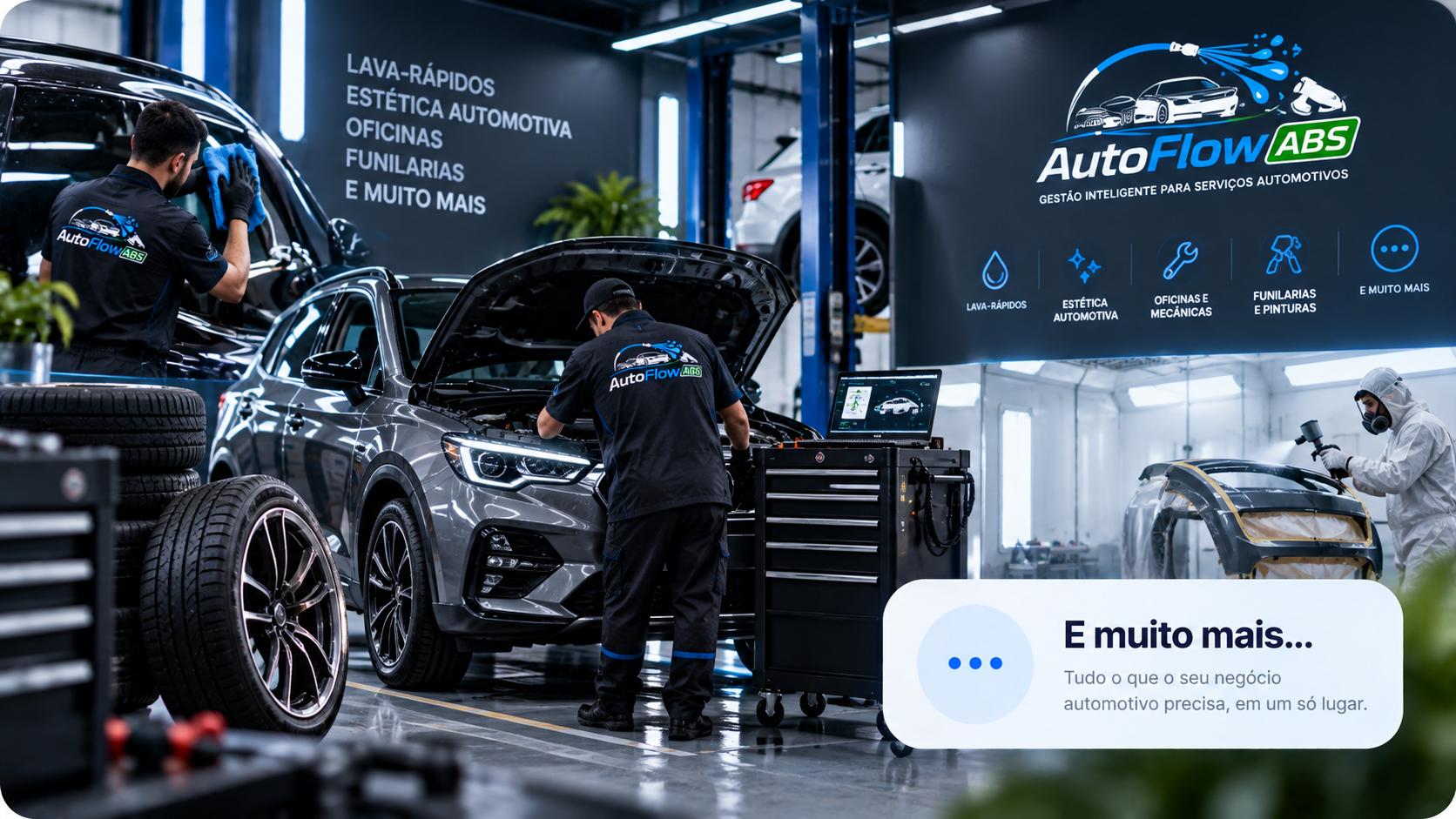 Equipe automotiva trabalhando em veículos em uma oficina